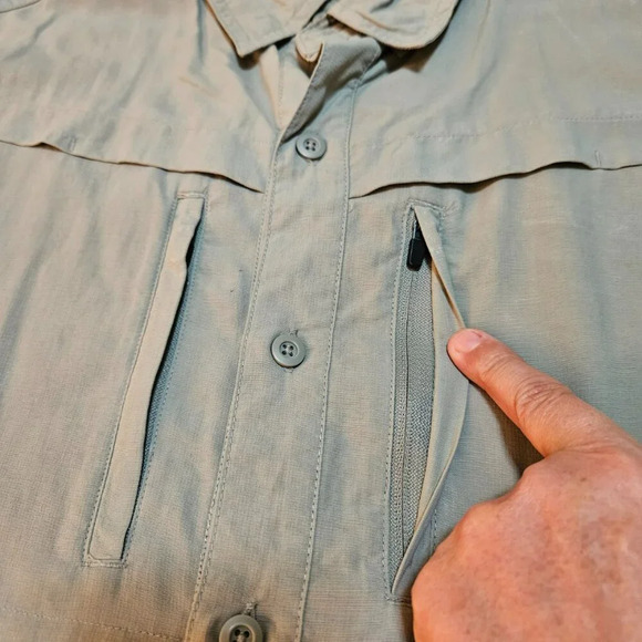 HABIT Men's Army Green Venter Mesh Short Sleeve L Shirt Zip Pockets Point Collar - Picture 4 of 11